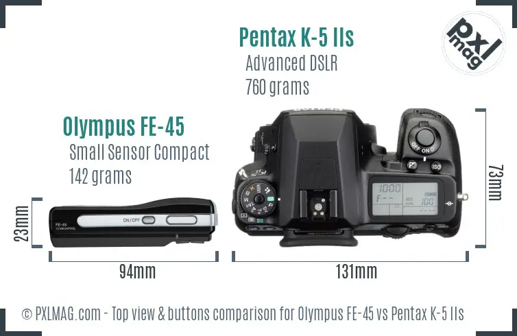 Olympus FE-45 vs Pentax K-5 IIs top view buttons comparison