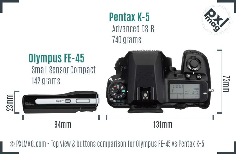 Olympus FE-45 vs Pentax K-5 top view buttons comparison