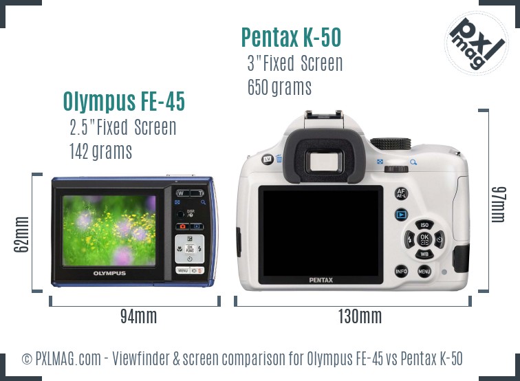 Olympus FE-45 vs Pentax K-50 Screen and Viewfinder comparison