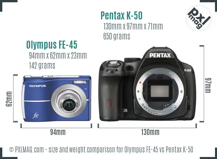 Olympus FE-45 vs Pentax K-50 size comparison