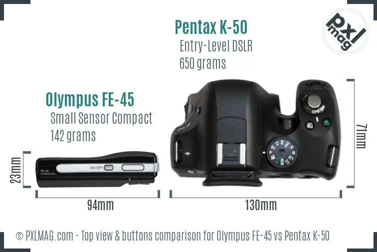 Olympus FE-45 vs Pentax K-50 top view buttons comparison