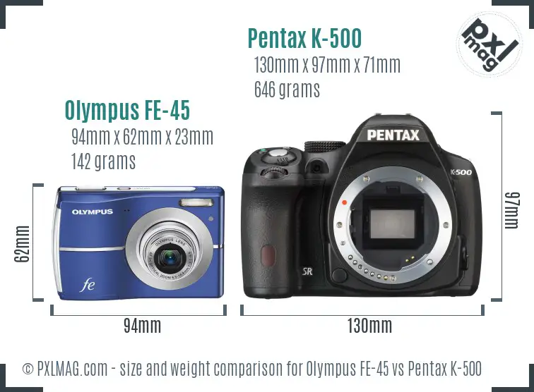 Olympus FE-45 vs Pentax K-500 size comparison