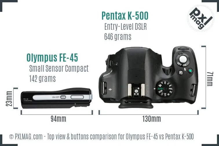 Olympus FE-45 vs Pentax K-500 top view buttons comparison