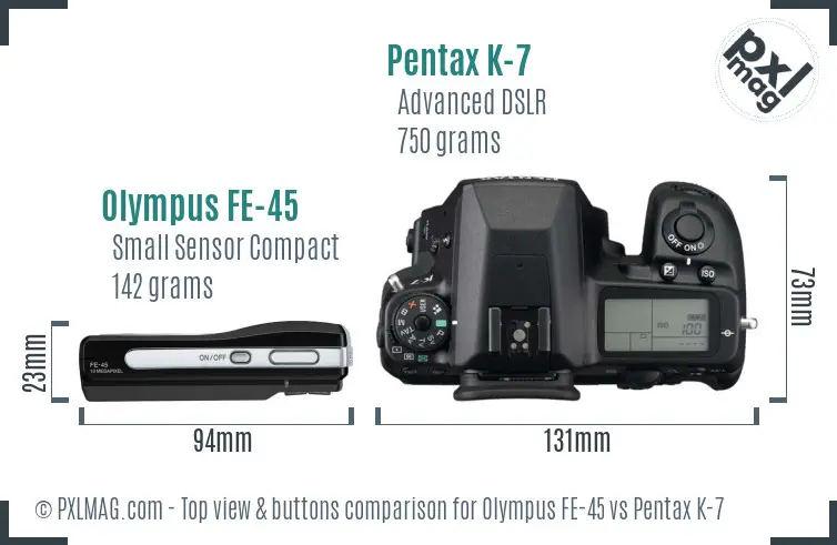 Olympus FE-45 vs Pentax K-7 top view buttons comparison