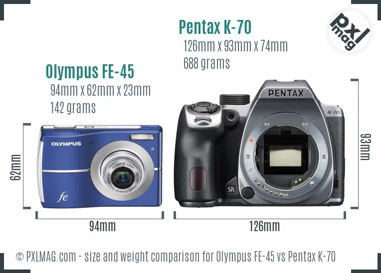Olympus FE-45 vs Pentax K-70 size comparison