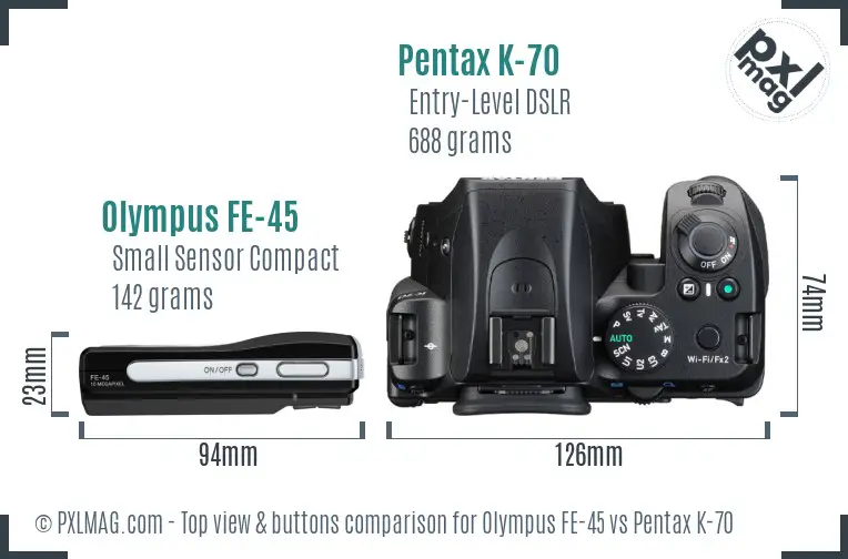 Olympus FE-45 vs Pentax K-70 top view buttons comparison