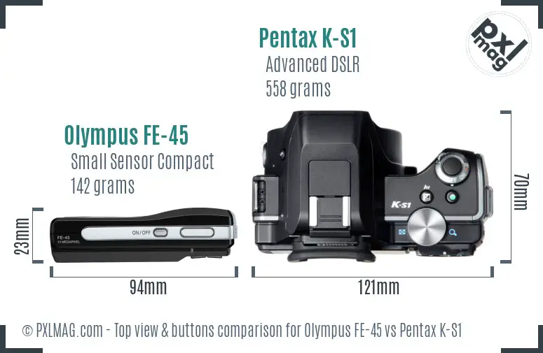 Olympus FE-45 vs Pentax K-S1 top view buttons comparison