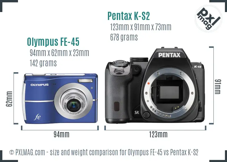 Olympus FE-45 vs Pentax K-S2 size comparison