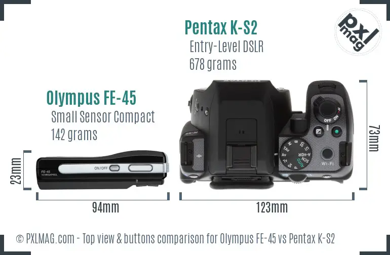 Olympus FE-45 vs Pentax K-S2 top view buttons comparison