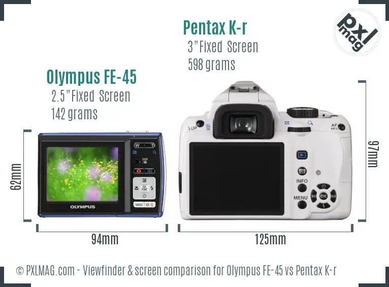 Olympus FE-45 vs Pentax K-r Screen and Viewfinder comparison