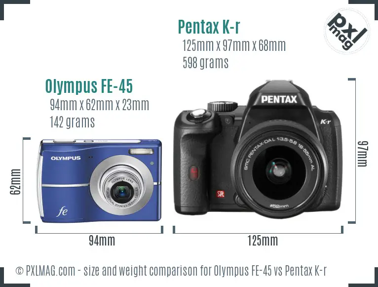 Olympus FE-45 vs Pentax K-r size comparison