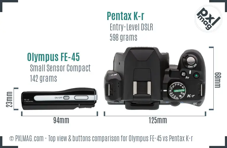 Olympus FE-45 vs Pentax K-r top view buttons comparison