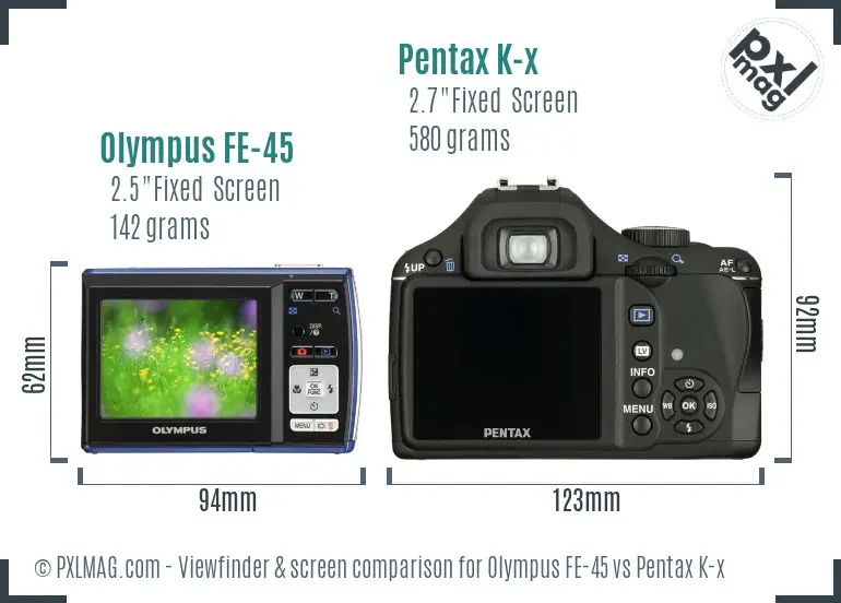 Olympus FE-45 vs Pentax K-x Screen and Viewfinder comparison