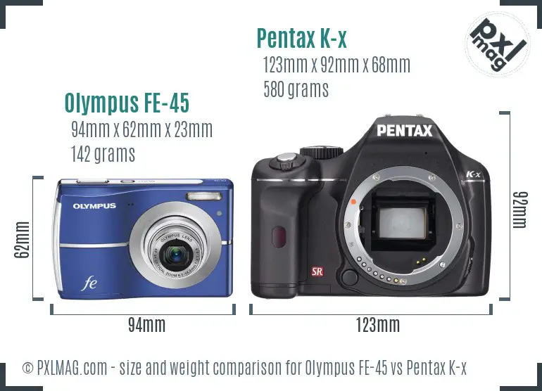 Olympus FE-45 vs Pentax K-x size comparison