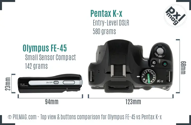 Olympus FE-45 vs Pentax K-x top view buttons comparison