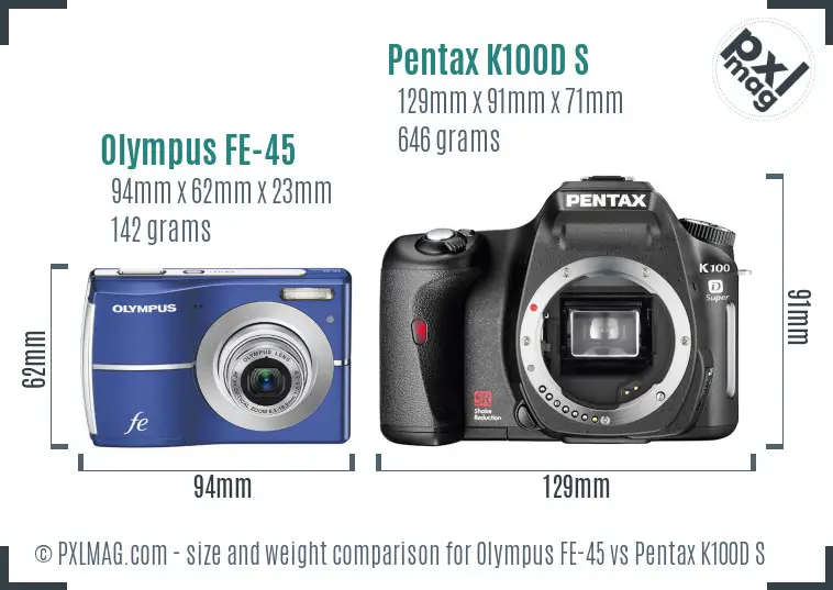 Olympus FE-45 vs Pentax K100D S size comparison