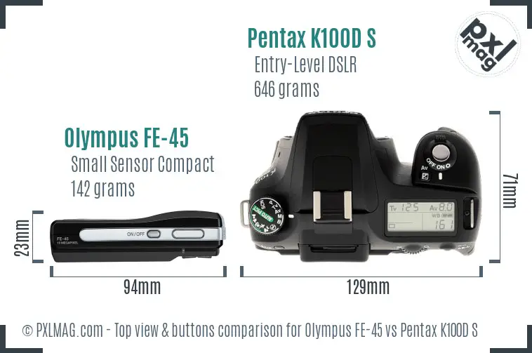 Olympus FE-45 vs Pentax K100D S top view buttons comparison