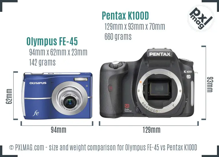 Olympus FE-45 vs Pentax K100D size comparison