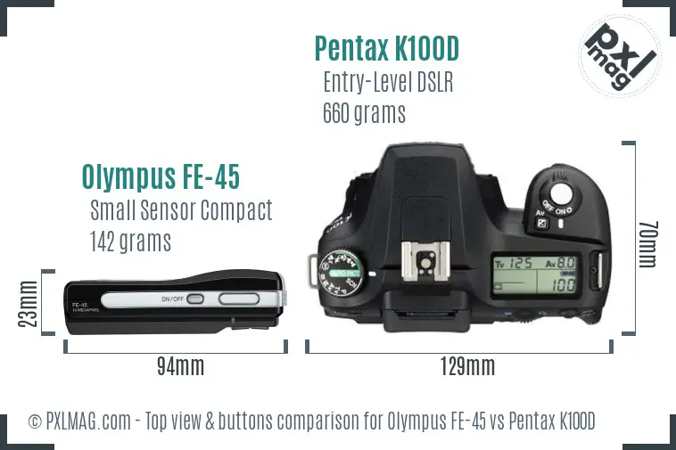 Olympus FE-45 vs Pentax K100D top view buttons comparison