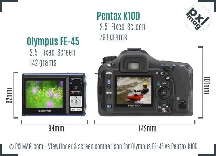 Olympus FE-45 vs Pentax K10D Screen and Viewfinder comparison