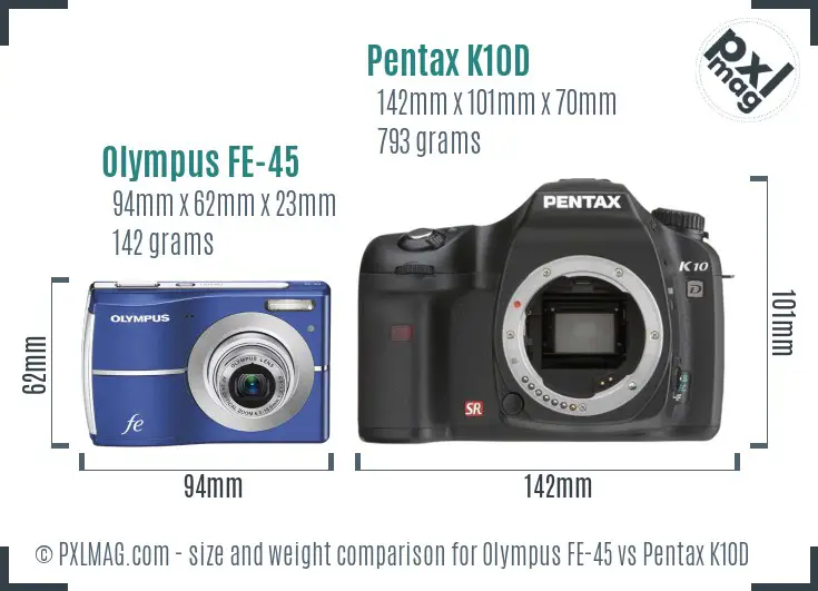 Olympus FE-45 vs Pentax K10D size comparison