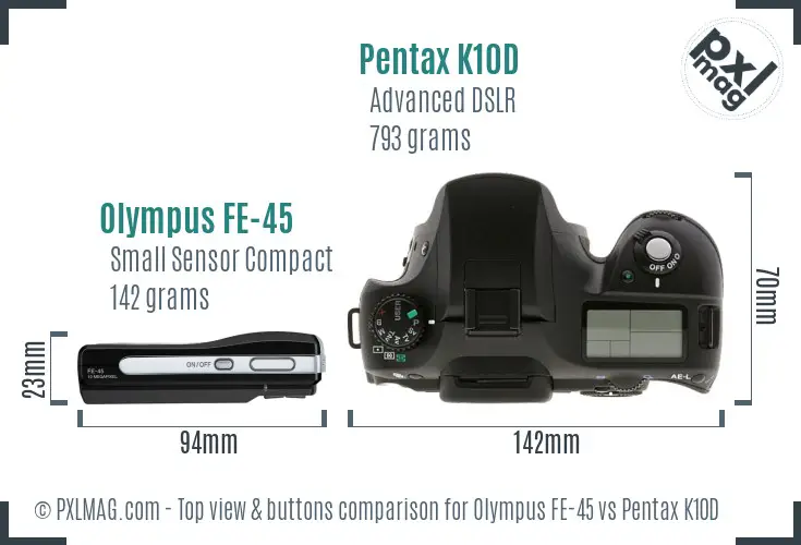 Olympus FE-45 vs Pentax K10D top view buttons comparison