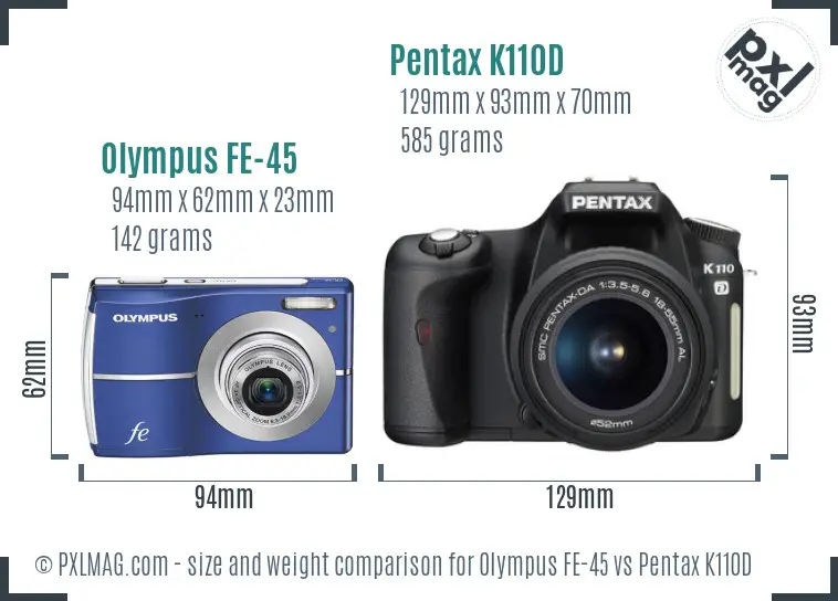 Olympus FE-45 vs Pentax K110D size comparison