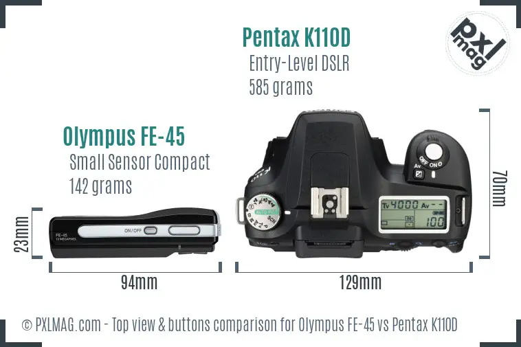 Olympus FE-45 vs Pentax K110D top view buttons comparison