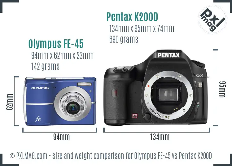 Olympus FE-45 vs Pentax K200D size comparison