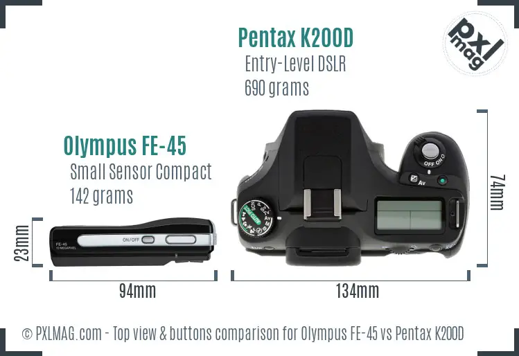 Olympus FE-45 vs Pentax K200D top view buttons comparison