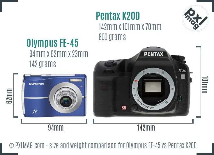 Olympus FE-45 vs Pentax K20D size comparison