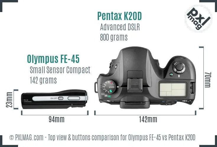 Olympus FE-45 vs Pentax K20D top view buttons comparison