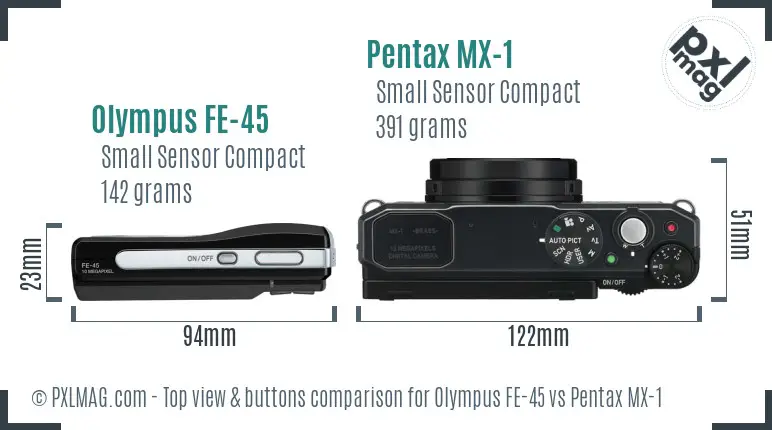 Olympus FE-45 vs Pentax MX-1 top view buttons comparison