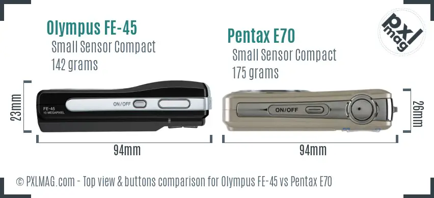 Olympus FE-45 vs Pentax E70 top view buttons comparison