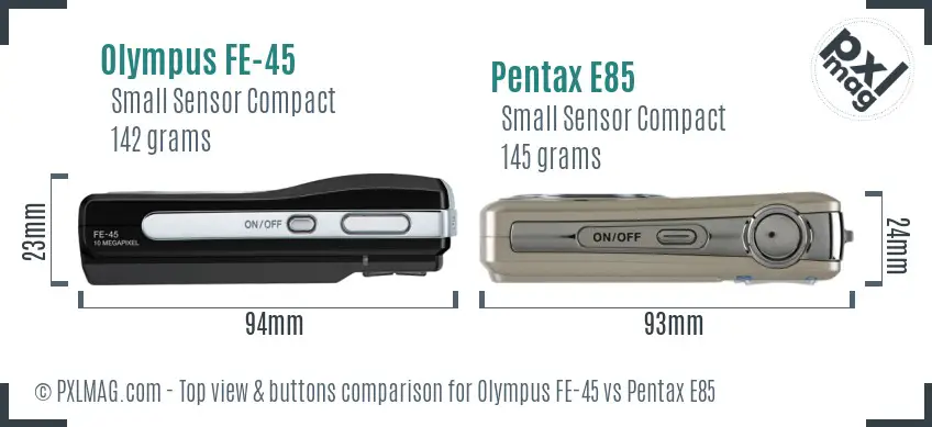Olympus FE-45 vs Pentax E85 top view buttons comparison