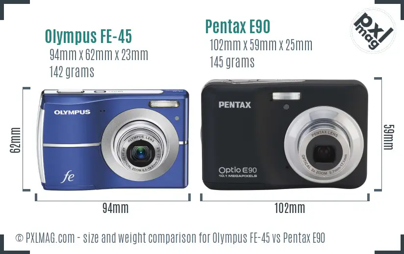 Olympus FE-45 vs Pentax E90 size comparison