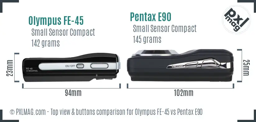 Olympus FE-45 vs Pentax E90 top view buttons comparison