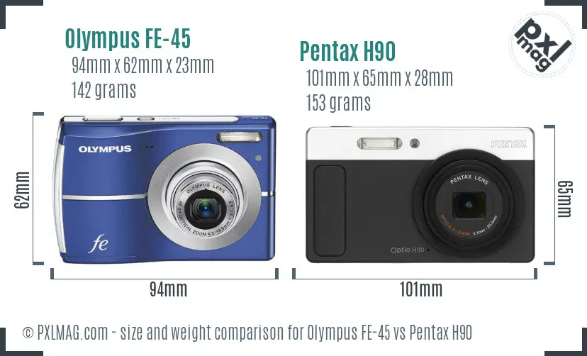 Olympus FE-45 vs Pentax H90 size comparison