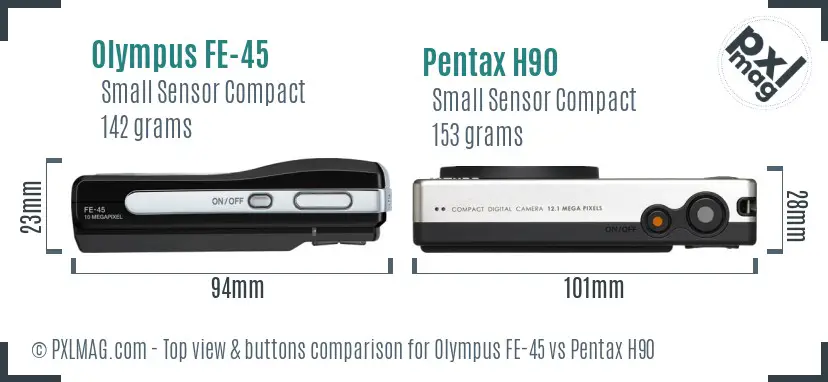 Olympus FE-45 vs Pentax H90 top view buttons comparison