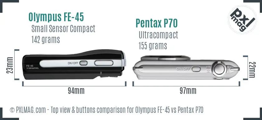 Olympus FE-45 vs Pentax P70 top view buttons comparison
