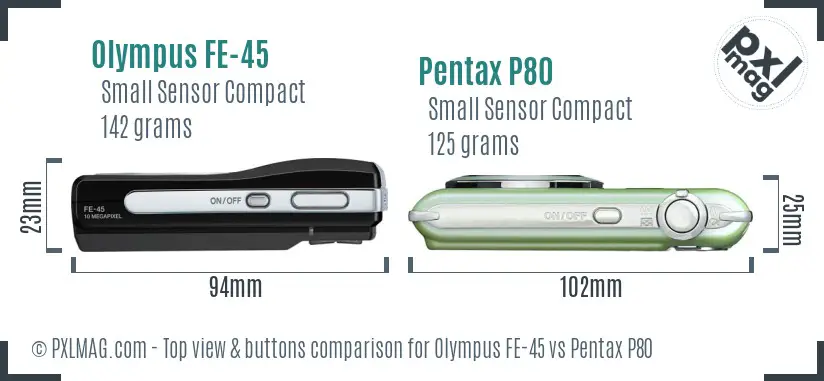 Olympus FE-45 vs Pentax P80 top view buttons comparison