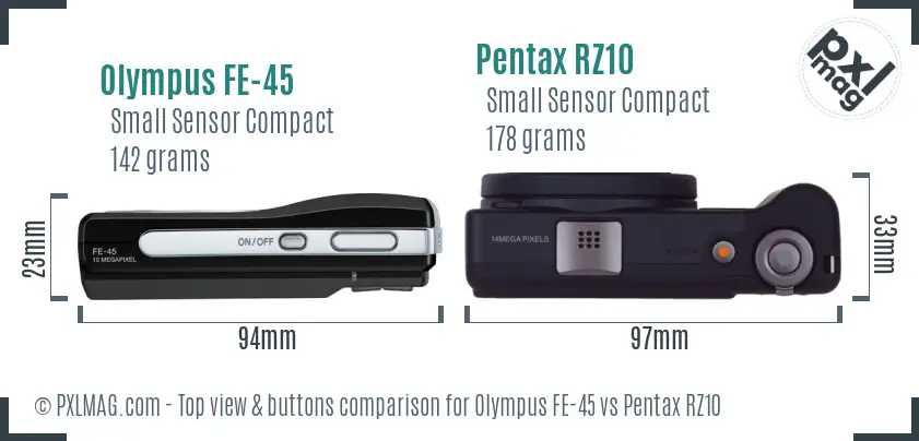 Olympus FE-45 vs Pentax RZ10 top view buttons comparison
