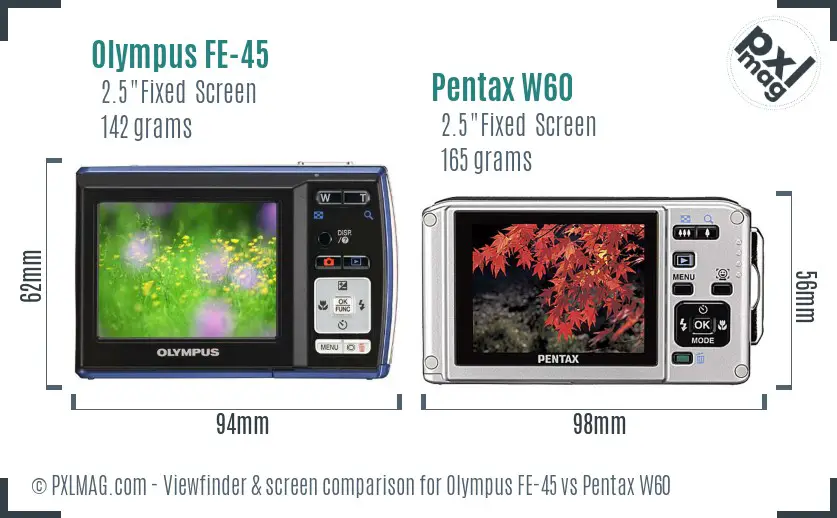 Olympus FE-45 vs Pentax W60 Screen and Viewfinder comparison