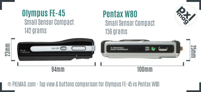Olympus FE-45 vs Pentax W80 top view buttons comparison