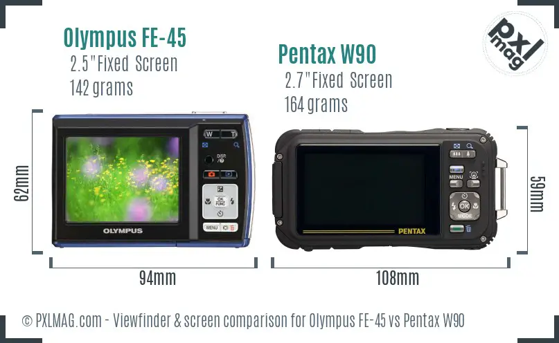 Olympus FE-45 vs Pentax W90 Screen and Viewfinder comparison