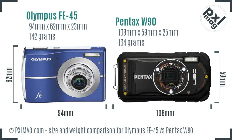 Olympus FE-45 vs Pentax W90 size comparison