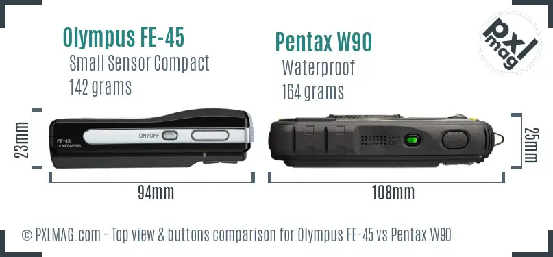 Olympus FE-45 vs Pentax W90 top view buttons comparison