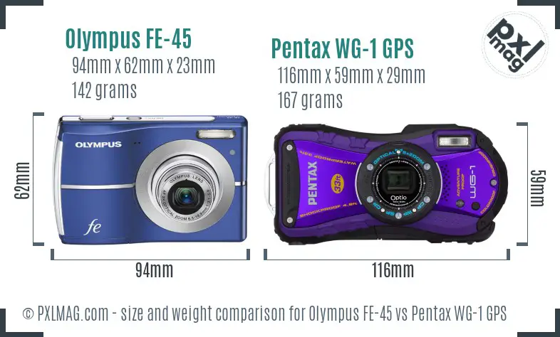 Olympus FE-45 vs Pentax WG-1 GPS size comparison