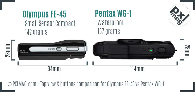 Olympus FE-45 vs Pentax WG-1 top view buttons comparison