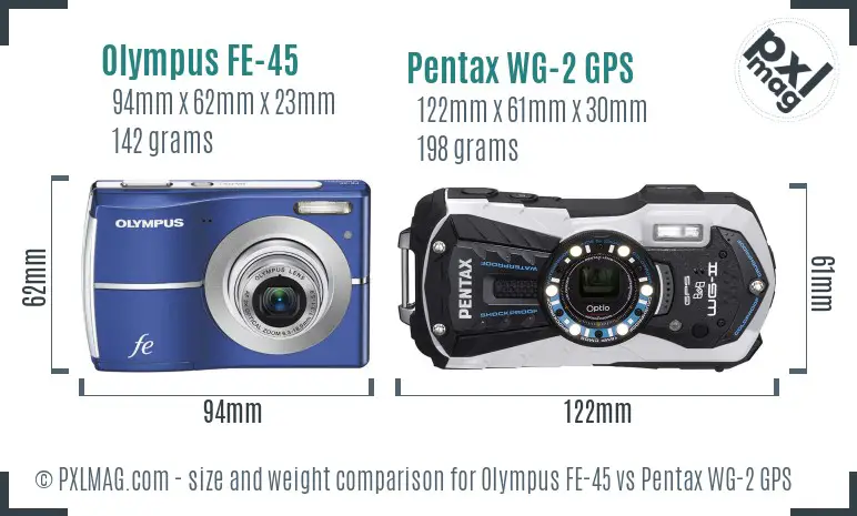 Olympus FE-45 vs Pentax WG-2 GPS size comparison